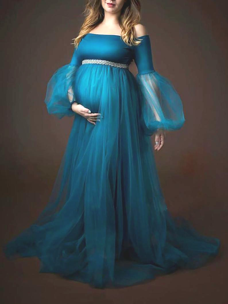 Summer Pregnant Women Sleepwear Off Shoulder Tulle Long Sleeve Nightdress For Photography Wedding Party Evening Dress Wear
