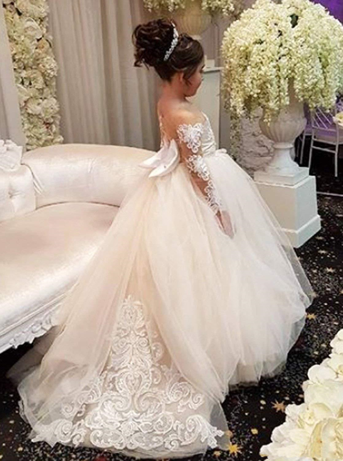 Princess Long Sleeve A Line Little Flower Girls Dresses For Wedding Bow Back Lace Tulle Kids Toddler First Communion Gowns Prom Pagenat Dress Brithday