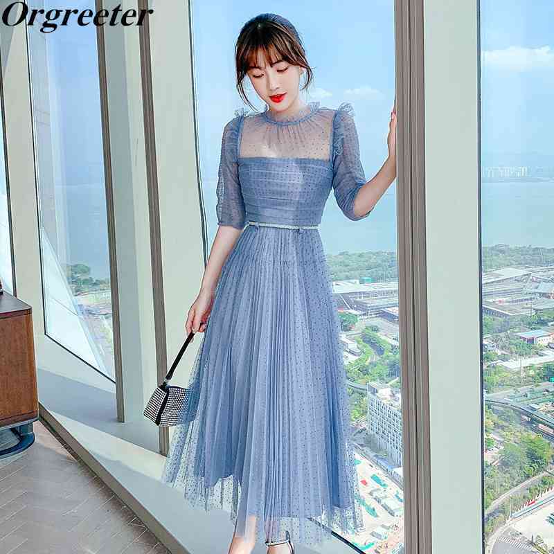 Dot Print Blue Dress Summer Chic Pleated Design Ruffles Trim Short Sleeve Perspective Mesh Dresses Robe Femme With Diamonds Belt 210525
Dot Print Blue Dress Summer Chic Pleated Design Ruffles Trim Short Sleeve Perspective Mesh Dresses Robe Femme With Diamonds Belt 210525