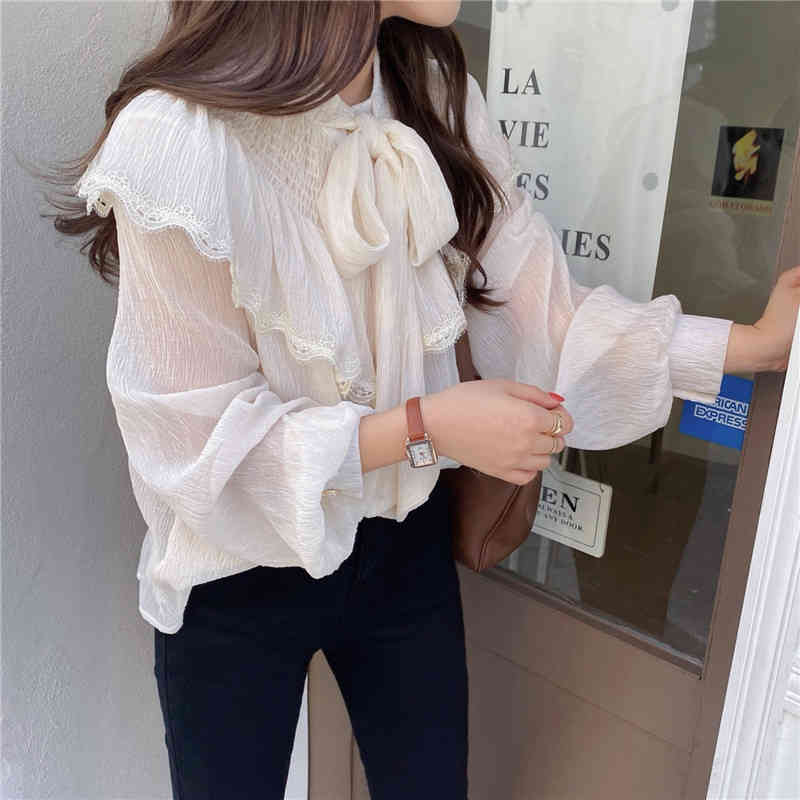 QOERLIN Chic Temperament Lotus Sleeve Bowtie Long Sleeve Shirt Women Pleated Chiffon Shirt Tops Mesh Sexy See Through Tops Shirt 210412