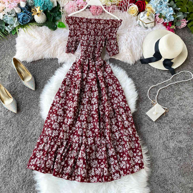 Bohe Floral Dress Women Sexy Off Shoulder Spring Summer Vestidos Short Sleeve High Waist Stretch Dresses 210521