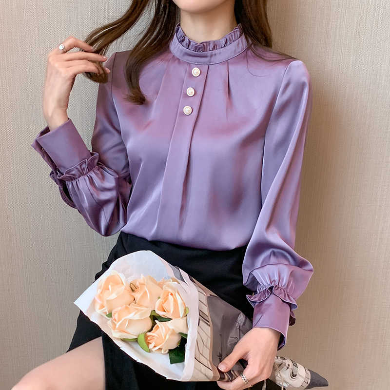 Korean Women Silk Blouses Shirts Woman Satin Tops Long Sleeve Beading Blouse Shirt Ladies 210604