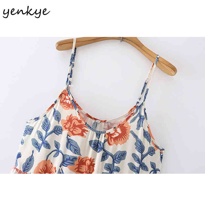 YENKYE Vintage Floral Print Polka Dot Sexy Sling Dress Women O Neck Sleeveless A-line Casual Long Dress Holiday Summer Vestido 210515
