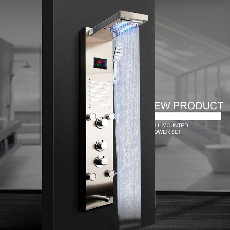 Nickel Brushed Black Digital Display Shower Panel Column LED Rain Waterfall Spa Jets Bath Mixer Faucet Bathroom Sets