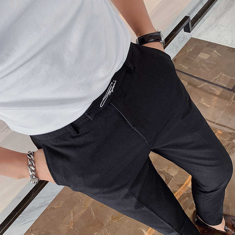 Embroidered Men's Business Dress Pants Slim Fit Office Social Suit Pants Casual Trousers Streetwear Black White 210527