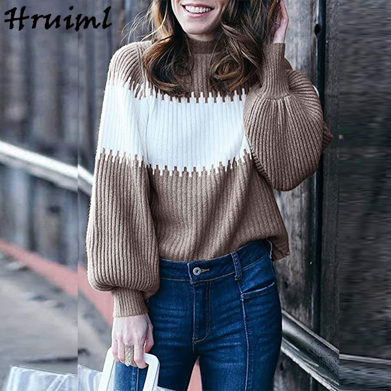 Pullovers Sweater Women Color Matching Turtleneck Long Sleeve Loose Knitted Sweaters Autumn Winter Clothes Casual Ropa Mujer 210513
