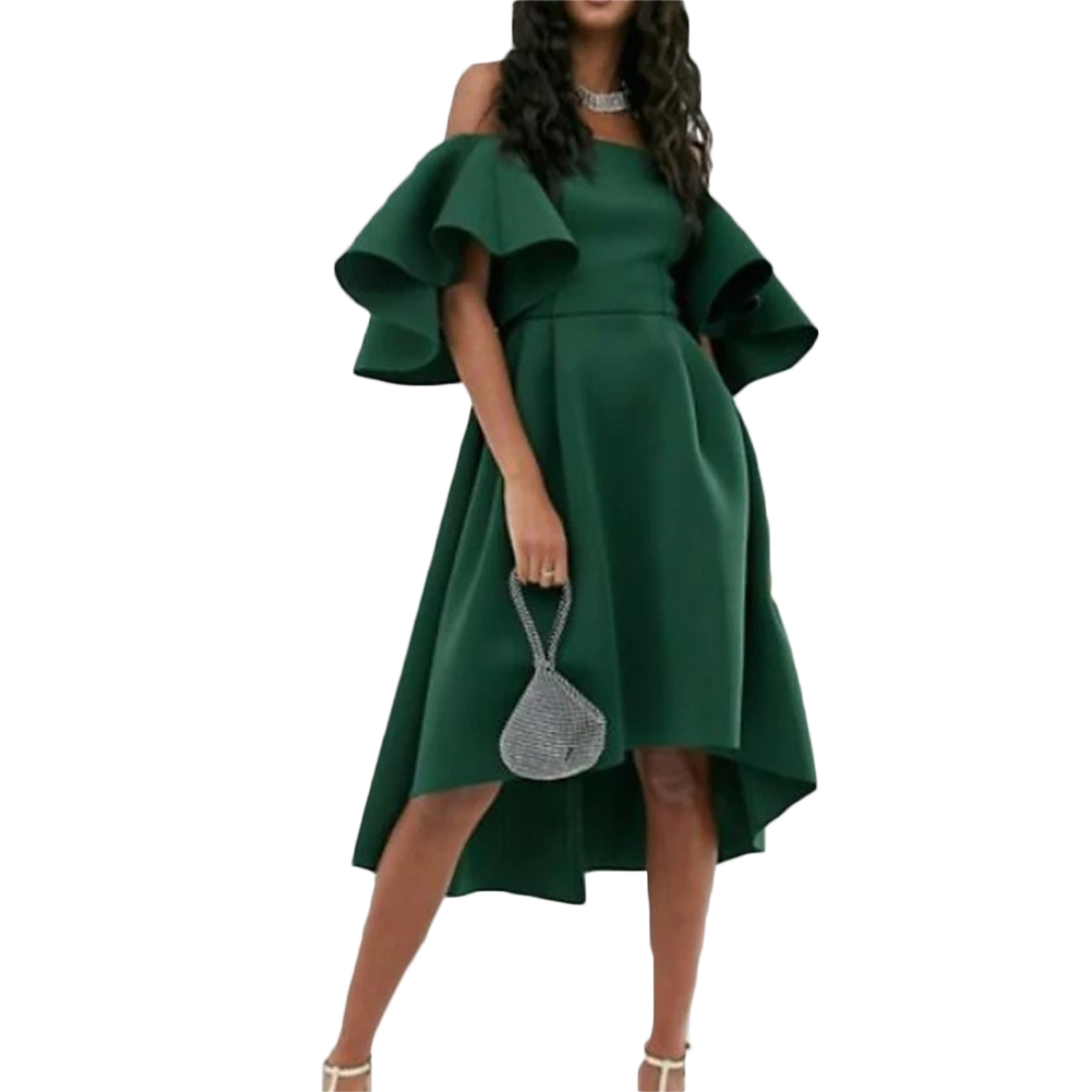 Simple Satin Green Evening Dresses A Line Off Shoulder Short Sleeve Party Gowns Red Carpet Fashion Prom Formal Daily Outfits