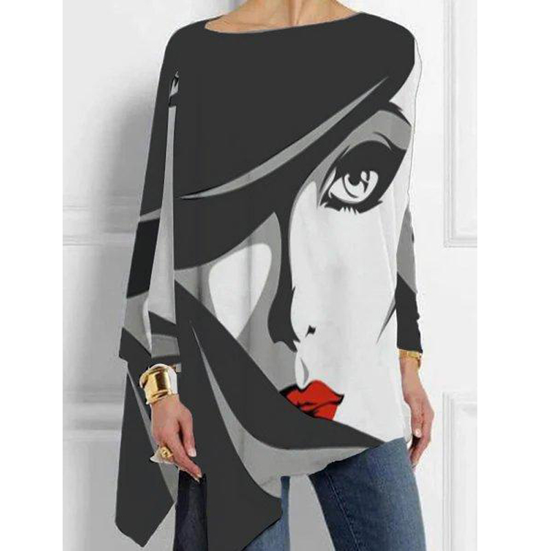Plus Size White-Black Abstract Vintage Tops Women Loose Crew Neck Cotton Casual Shirts Long Sleeve Irregular T-shirt Print 210406