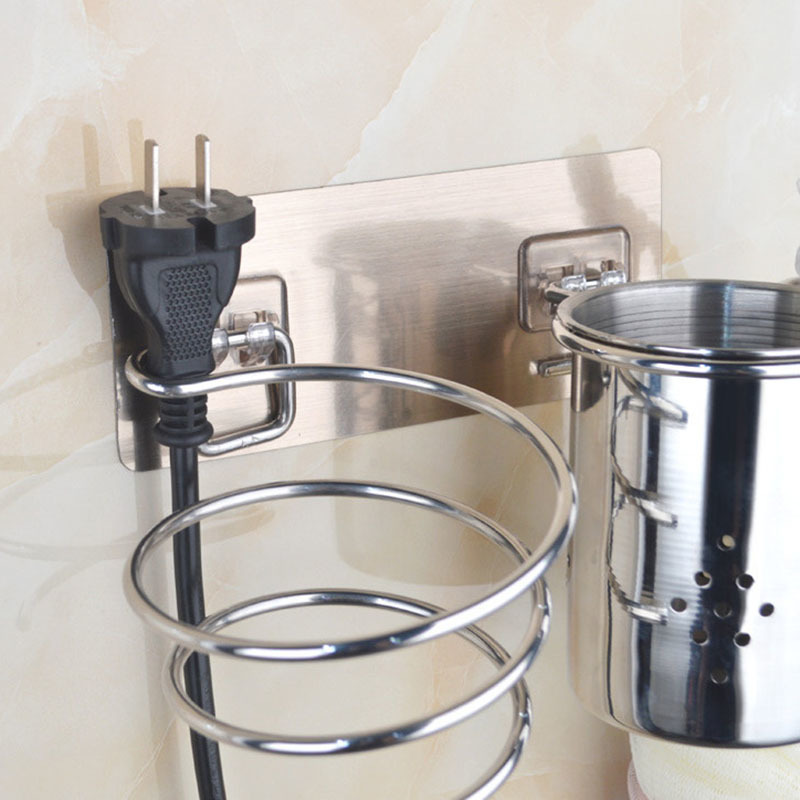 1Pcs Adhesive Blower Organizer No Drilling Stainless Steel Wall Mounted For Bathroom Waterproof Hair Dryer Holder Spiral Stand