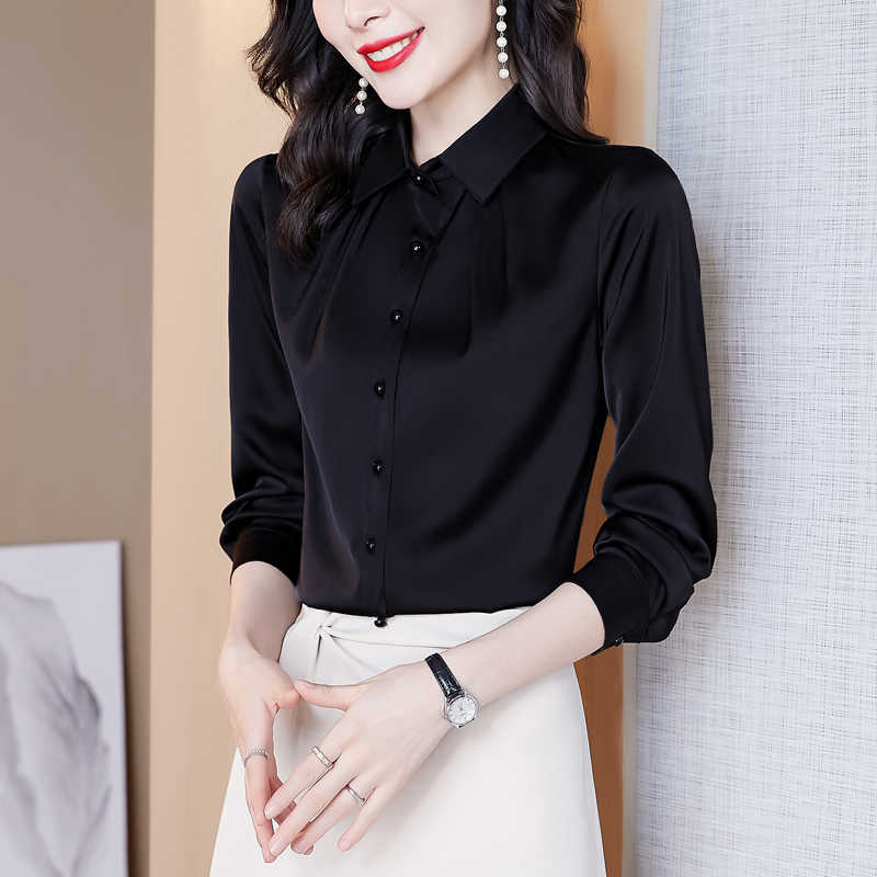 Korean Fashion Silk Women Blouses Office Lady Shirts Satin Long Sleeve Womens Tops and Plus Size XXXL Blusas Largas 210531