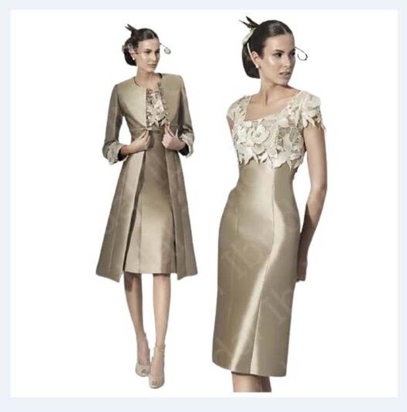 Exquisite Bronze Square Mother's Neckline Flowers Short Sleeve Mother of the Bride Dresses with Jacket Wedding Party Gowns Knee Length