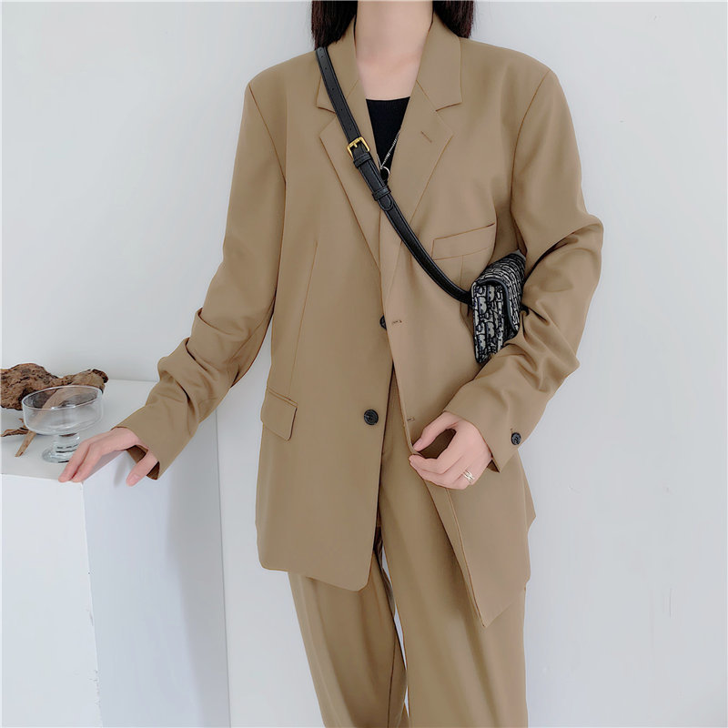 OL Elegant Office Lady Loose Women Blazers+Stylish High Waist Straight Solid Pants Suits All Match 2 Piece Sets 210421