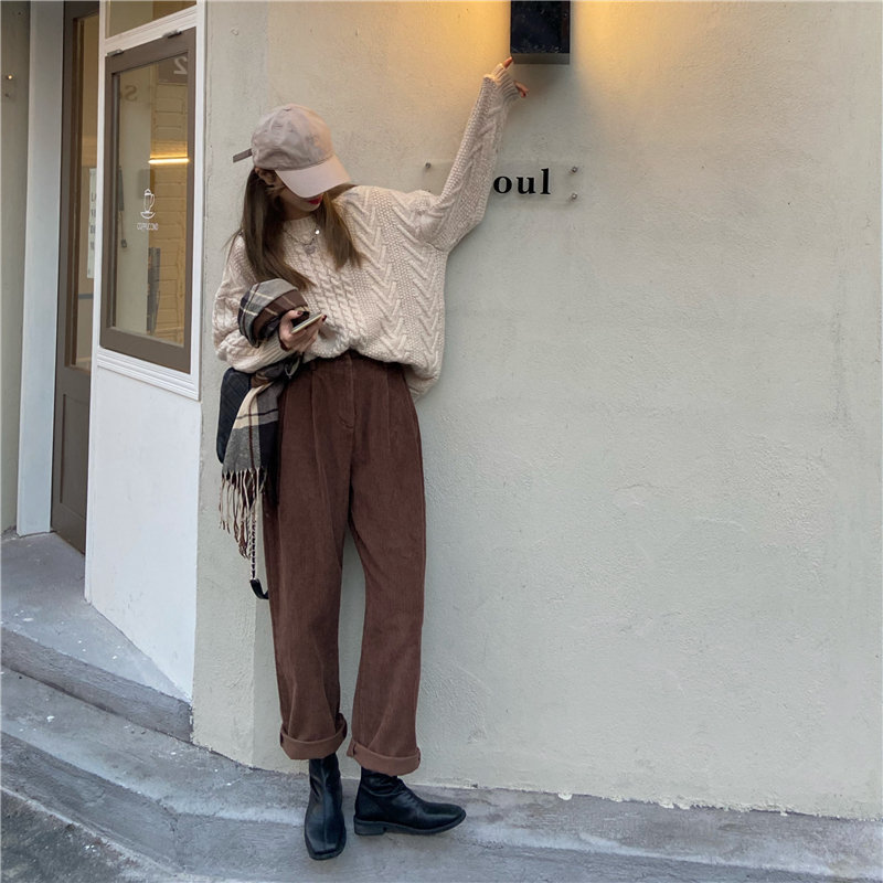 Sportswear Corduroy Retro Loose-fitting Harem Pants OL Elegant Women Solid Plus Thick Casual Female Trousers 210421