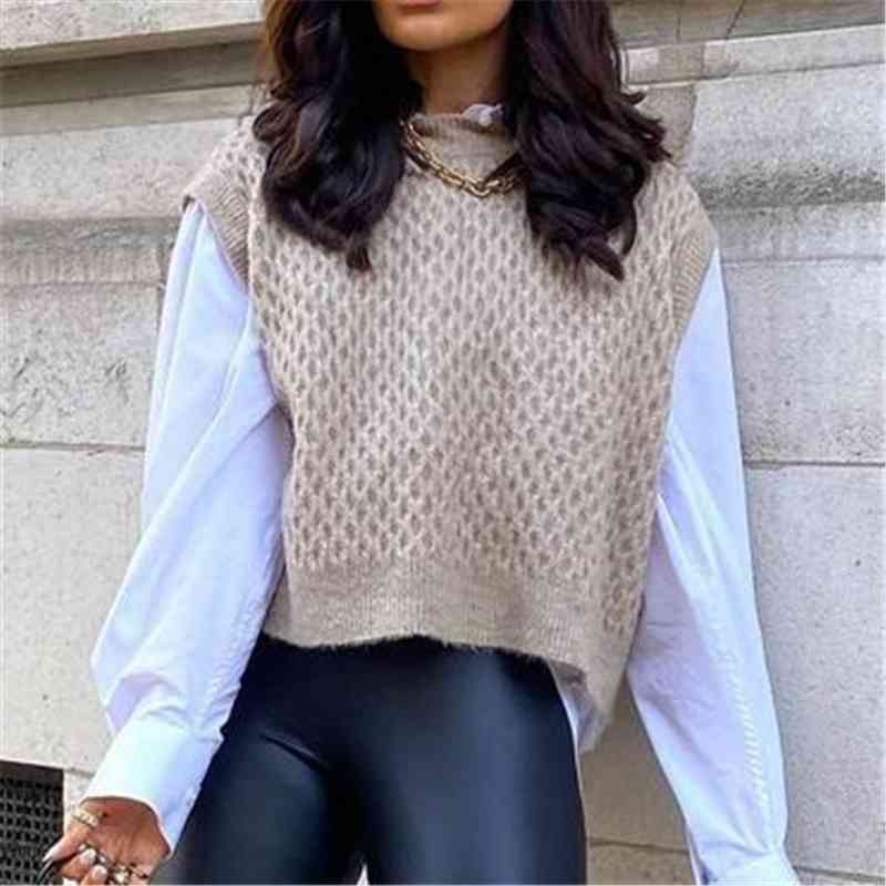 Streetwear Women O-Neck Sweater Vests Fashion Ladies Looses Knitted Tanks Causal Female Chic Solid Khaki Pullovers 210430