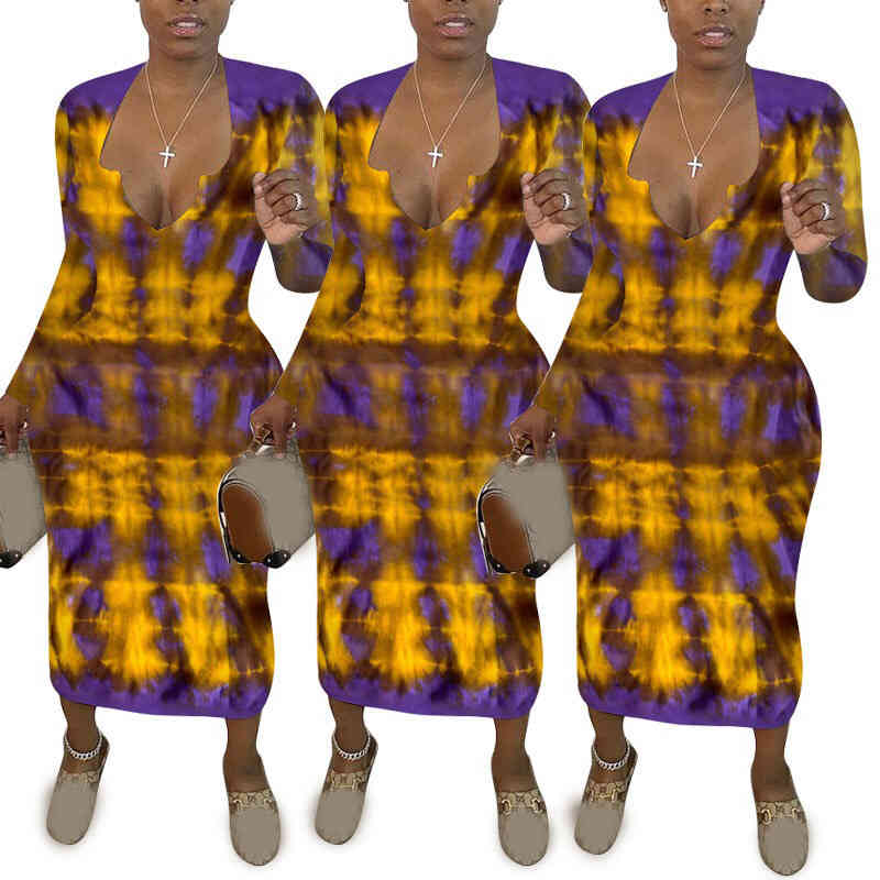 Women Sexy Long Dress Sleeve Deep v Neck Mid Calf Print High Waist Bodycon Elegant For Evening Party Night Club Wear 210510