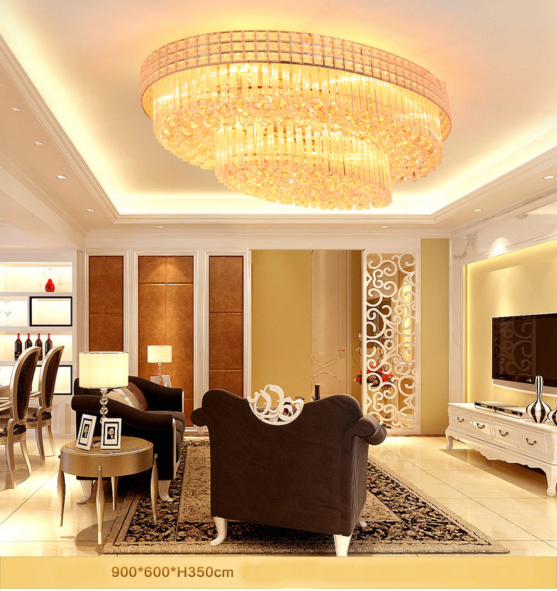 American Modern Golden Oval Crystal Ceiling Lights Fixture LED Light European Oblong Hanging Lamps Hotel Lobby Parlor Hall Home Indoor Lighting 3 Colo