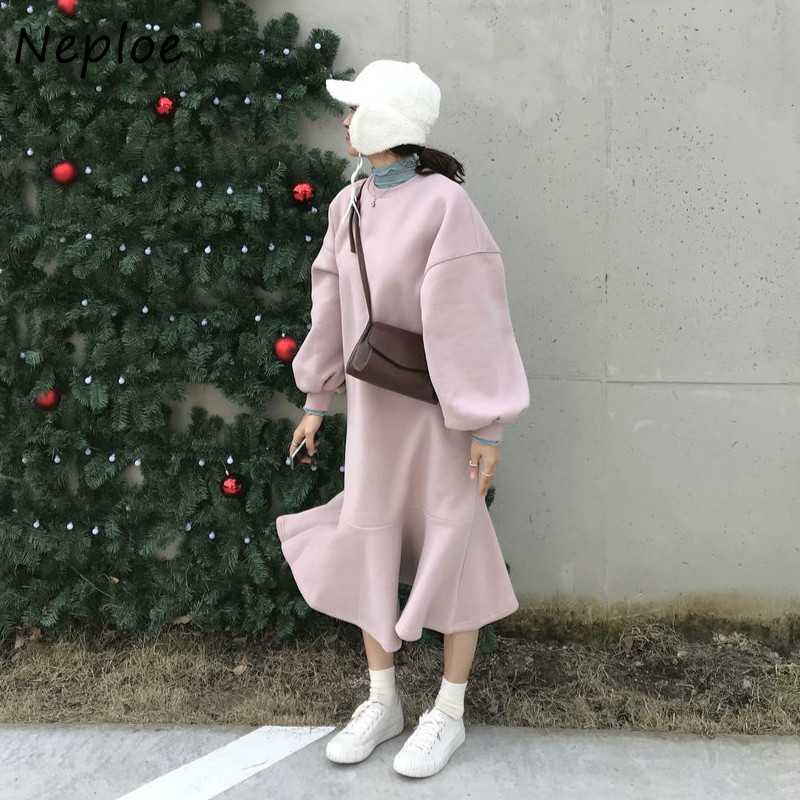 O-Neck Lantern Long Sleeve Pullover Warm Dress Women High Waist Hip Temperament Mermaid Vestidos Loose Robe Winter 210422Z