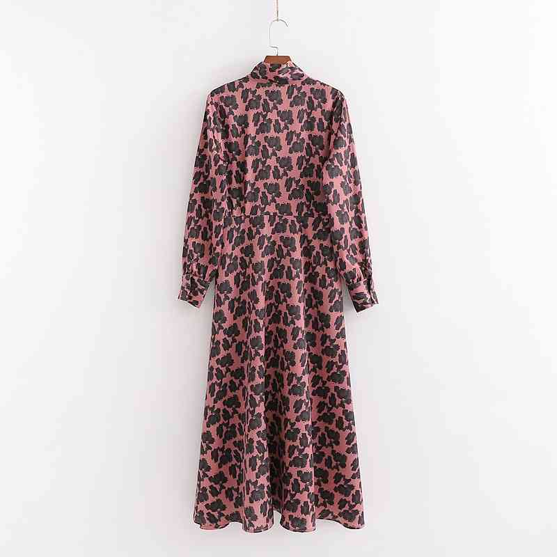 Streetwear Women Bow Collar Dresses Fashion Ladies Leopard Print Pink Dress Bohemian Female Ruffles Loose Vestidos 210430