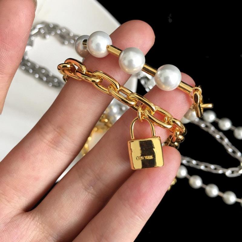 Brand Pure 925 Sterling Silver Jewelry For Women Long Lock Neckalce Pearls Pendant Luck Gold Color Party Necklace Chains