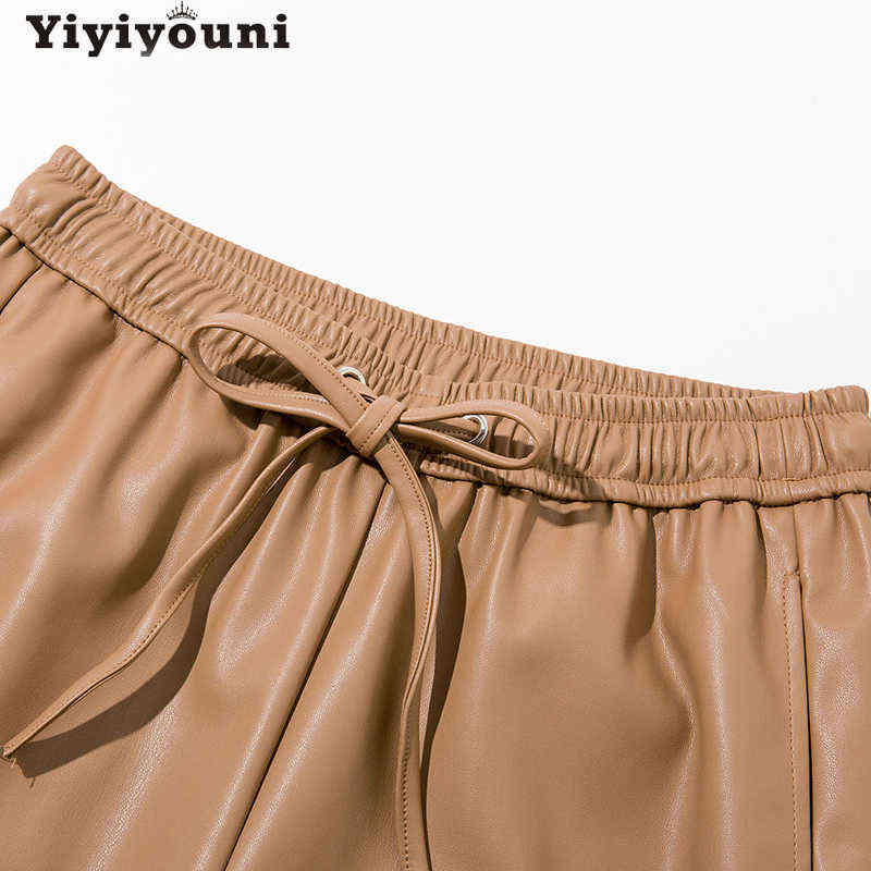 Yiyiyouni High Waist Spliced Leather Pants Women Loose Drawstring PU Trousers Autumn Solid Straight Female 211115