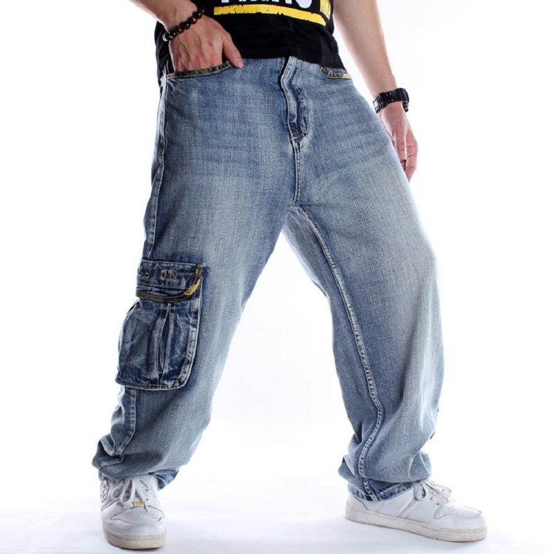 Hip Hop Jeans Men Side Pockets Denim Overalls Pants Harem 's Big Size 44 Baggy Loose Fit Male 210518