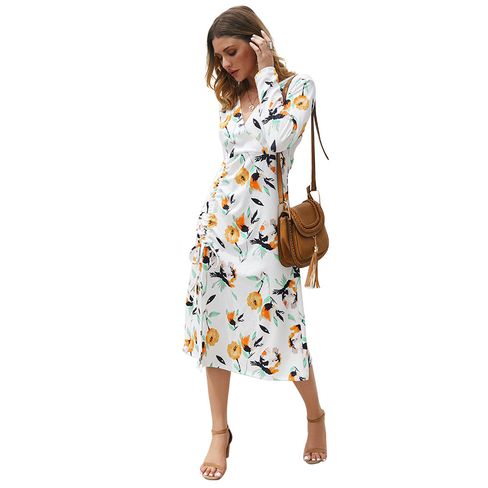 Women Dress V-neck Long Sleeve Drawstring Printing Dresses Plus Size Vintage Sexy 210513