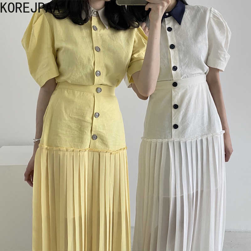 Korejpaa Women Set Summer Lapel Contrast Color Puff Sleeve Shirt High Waist Three Button Stitching Chiffon Pleated Skirts 210526, White shirt
Korejpaa Women Set Summer Lapel Contrast Color Puff Sleeve Shirt High Waist Three Button Stitching Chiffon Pleated Skirts 210526, White shirt