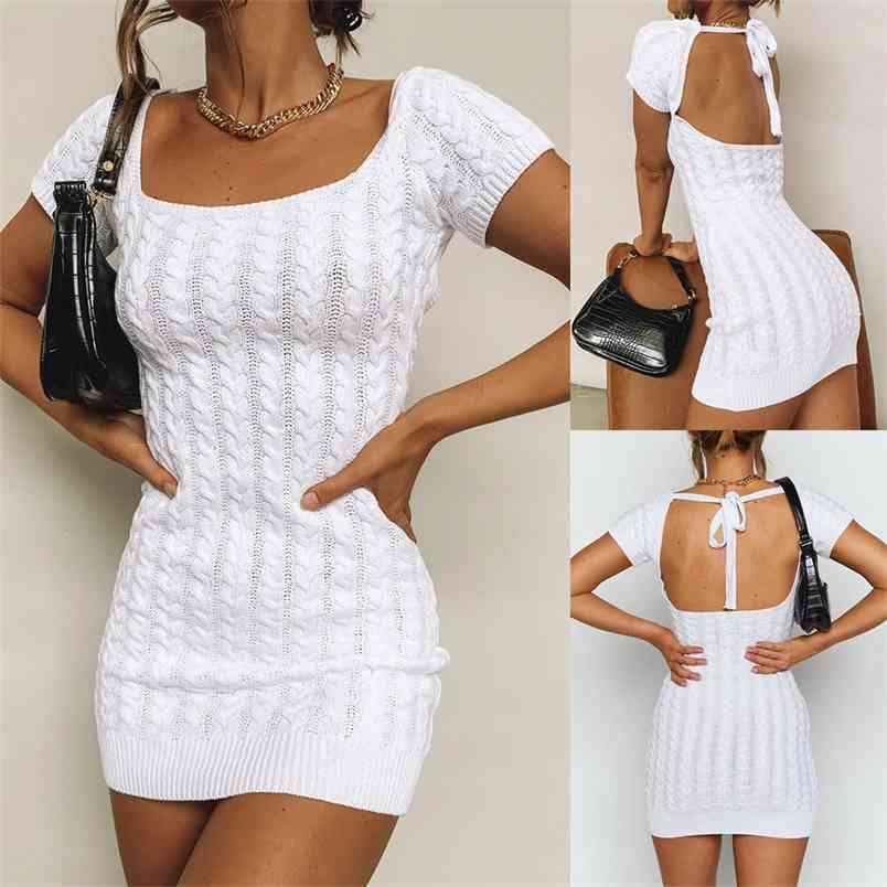 Women Summer White Knitted Mini Dress Sexy Square Neck Backless Lace Up Short Sleeve High Waist Package Hips Bodycon Party 210522