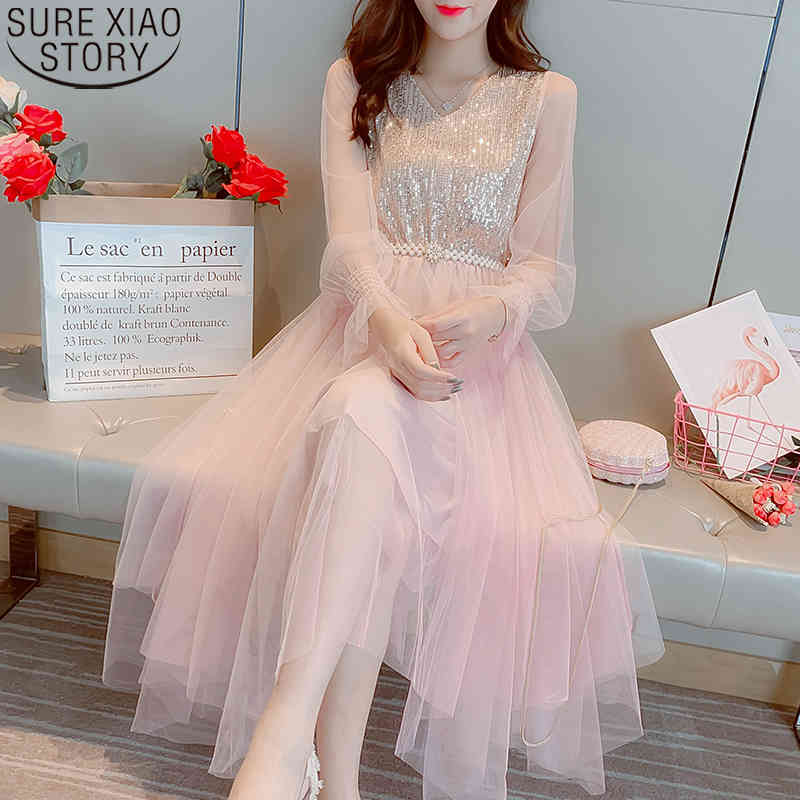 Sequins and Pearl Dresses Women Autumn Mesh Dress with Belt Pink Vneck Elastic High Waist Flare Long Sleeve Vestidos 12025 210417