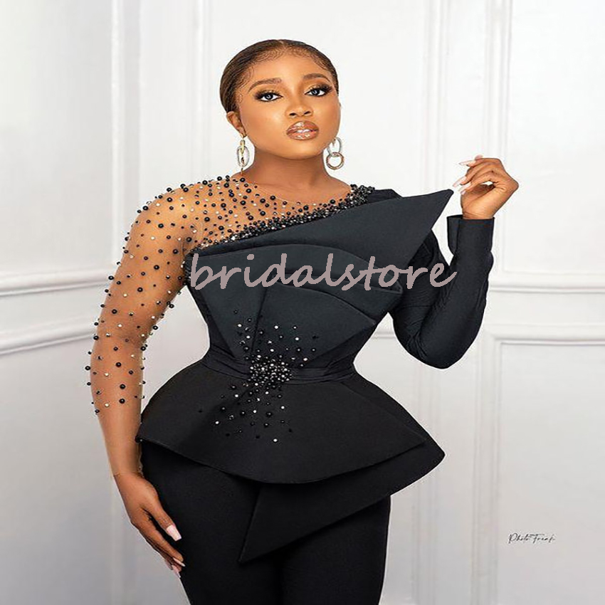 Chic African Black Aso Ebi Prom Dresses 2022 With Beaded Long Sleeve Plus Size Evening Dress Jumpsuit Dinner Party Wear Satin Outfit Pant Special Occa