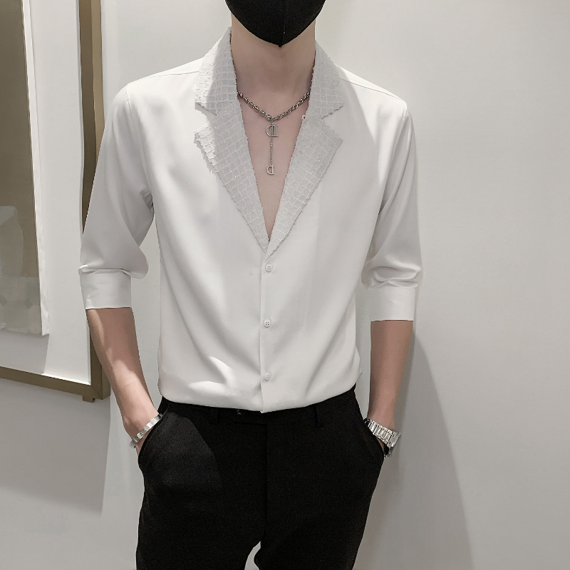 

Camisas De Hombre Plus Size 4XL-M Fashion Lace Turn Down Collar Slim Fit Casual Half Sleeve Shirts Men Tuxedo Chemise Homme Sale 220304, Black