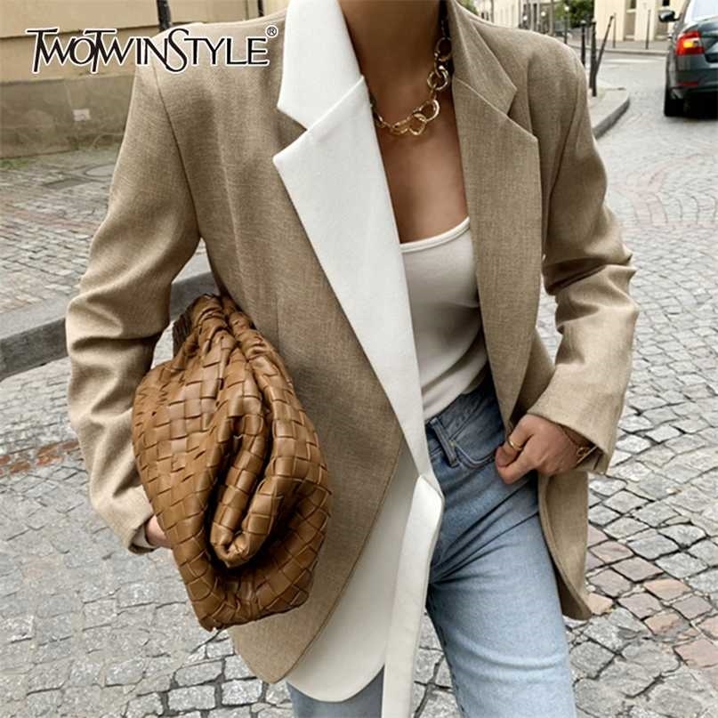 TWOTWINSTYLE Casual Patchwork Hit Color Blazer For Women Notched Long Sleeve Lace Korean Jacket Female Fashion Clothes Style 211122