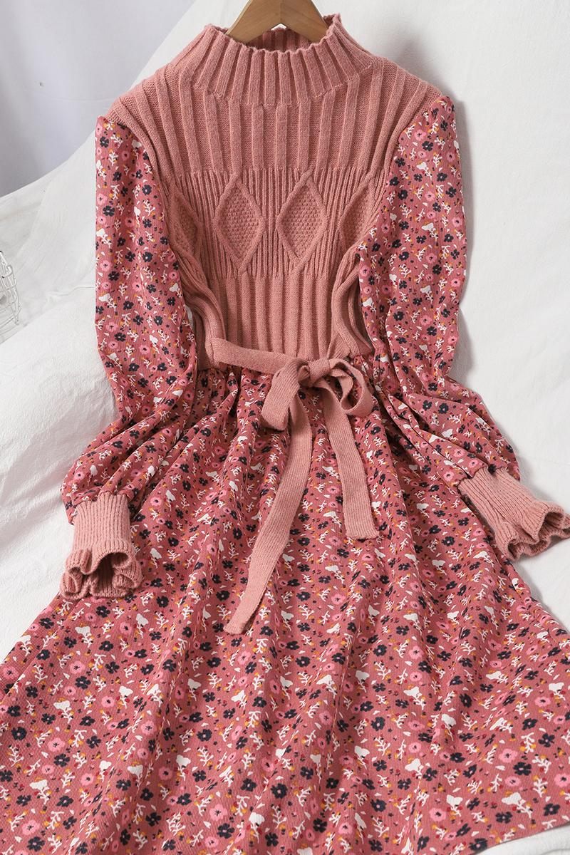 Office Lady Knitted Sweater Pleated Dress Female Casual Long Sleeve Midi Elegant Autumn Winter Bottoming Women 2021 Dresses