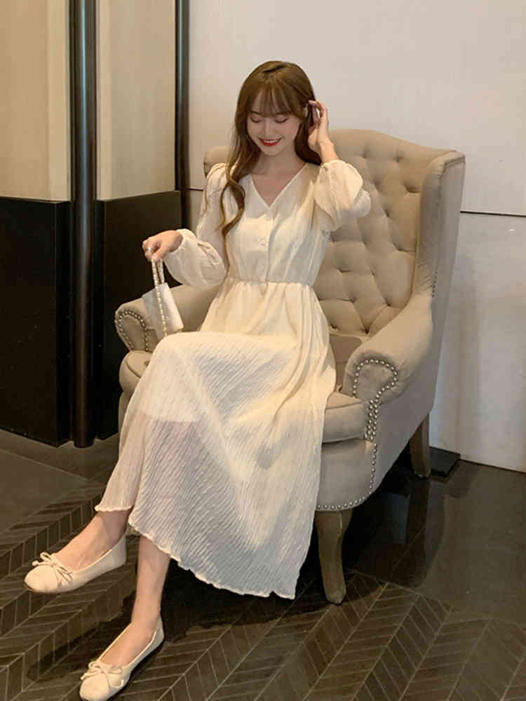 Elegant Dress Women Casual Lace Long Sleeve Dress Korean Button Evening Party V-neck Vintage Dress Female Autumn 210521