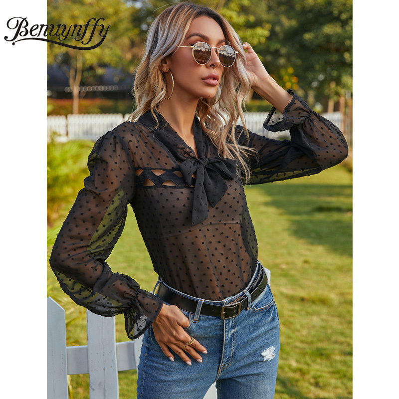 Bow Tie Neck Swiss Dot See Through Tops Blouses Women Spring Summer Black Long Sleeve Ladies Elegant Blouse 210510