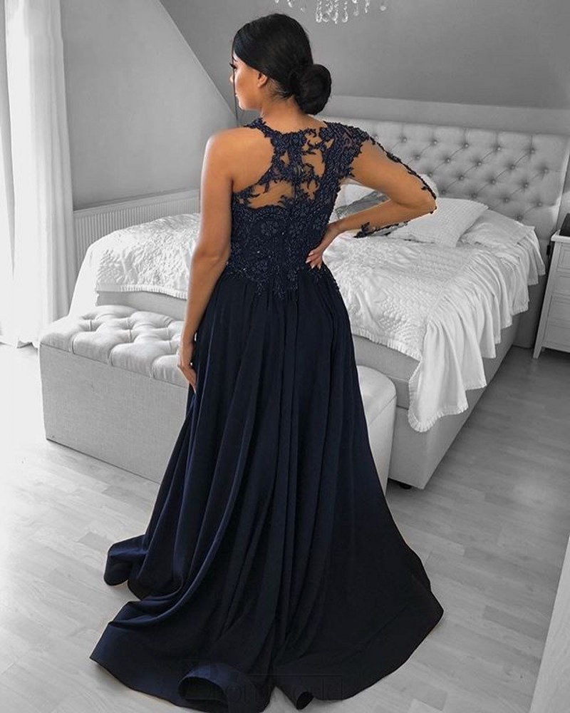 One Shoulder Navy Blue Dubai Evening Dresses Long Sleeve A-Line Split Satin Lace Beaded Formal Prom Dress Robe De Soiree Hot