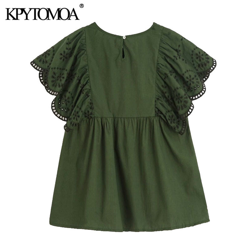 Women Sweet Fashion Cutwork Embroidery Pleated Blouses O Neck Short Ruffled Sleeve Female Shirts Chic Tops 210420