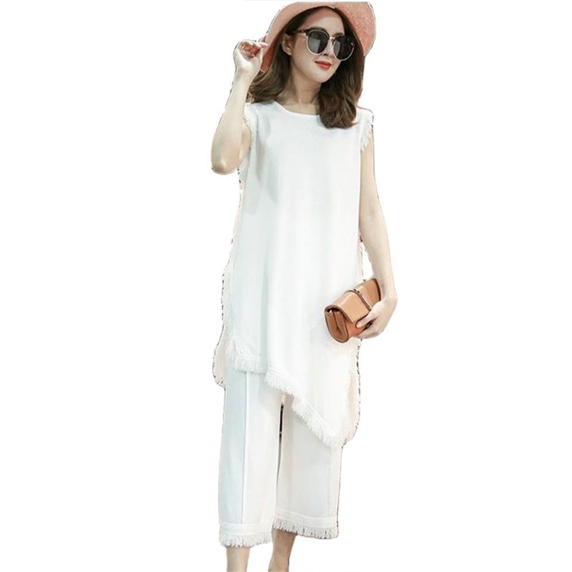 High quality women' suit summer round neck fringed fringe decorative top + wide leg pants ice silk knitted two-piece female 210520, Black
High quality women' suit summer round neck fringed fringe decorative top + wide leg pants ice silk knitted two-piece female 210520, Black