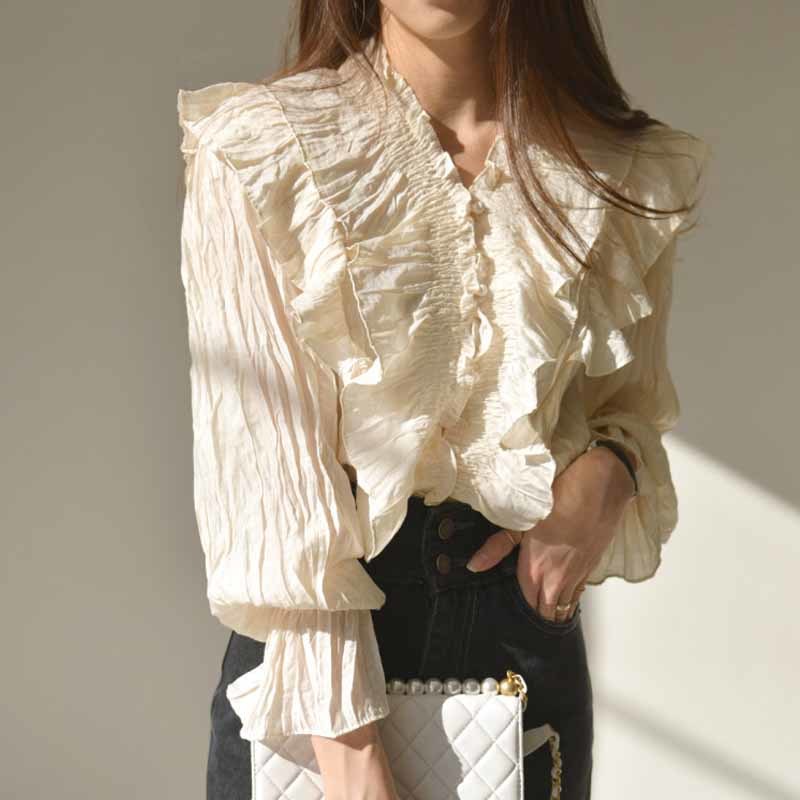 Puffed Long Sleeve Woman's Shirts Korean Clothes Ruffled V-neck Blouses Solid Color Overalls for Women 10573 210518