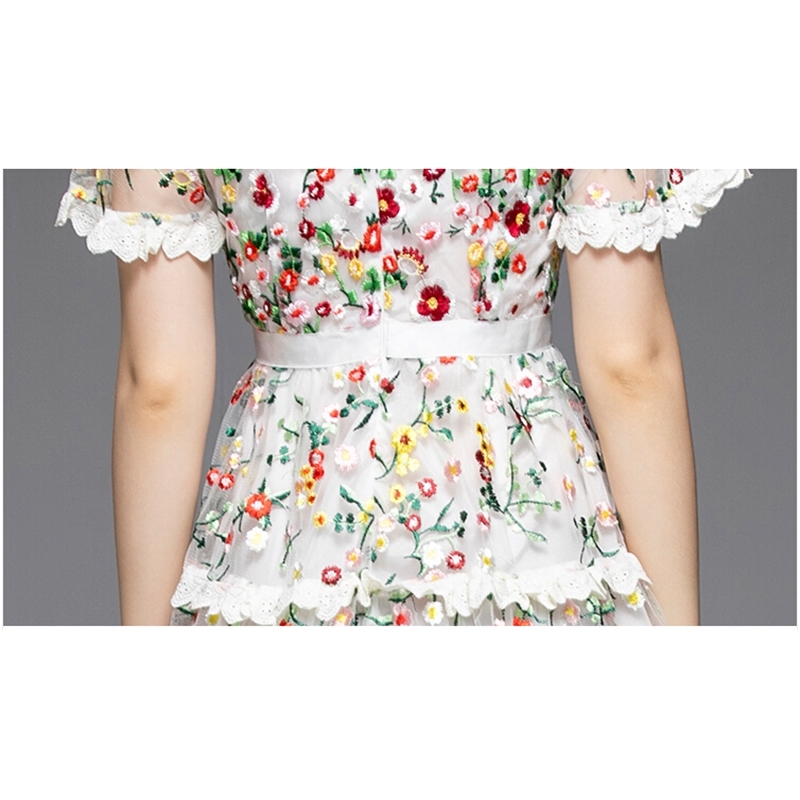 High Quality Summer Fashion Runway Vintage Dress Women Lace Mesh Ruffles Flowers Embroidery Ladies es 210520