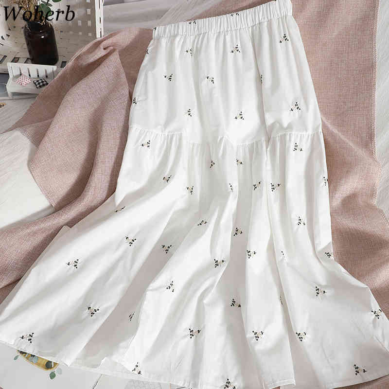 Embroidery Floral Long Pleated Skirt Women Fashion Summer A Line High Waist Maxi Female Aesthetic 210519