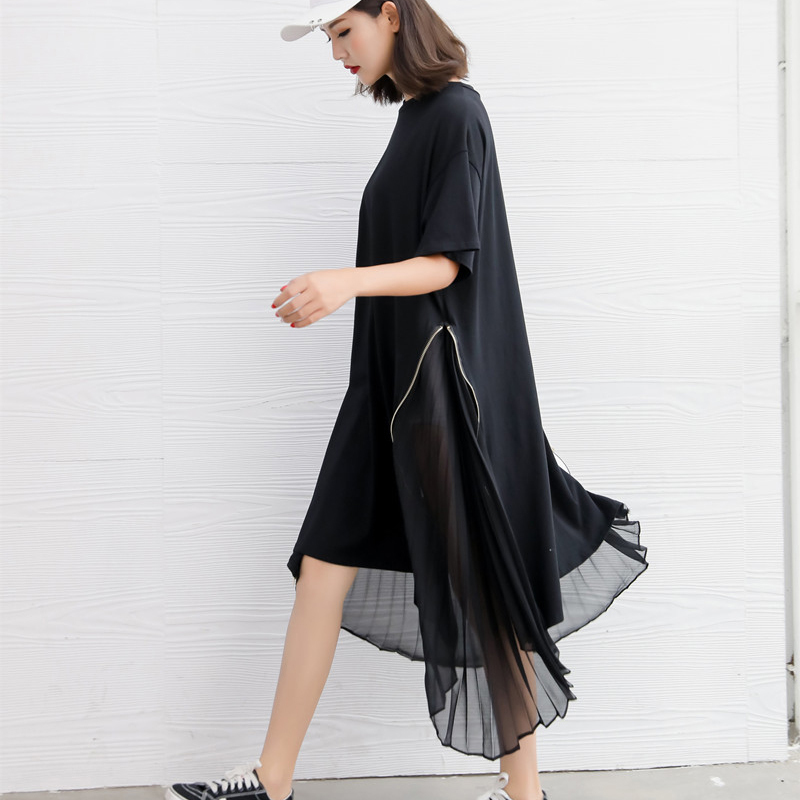 Spring Summer Woman New Black Color Short Sleeve O-neck Long Loose Spliced Pleated Chiffon Irregular Dress LI435 210331