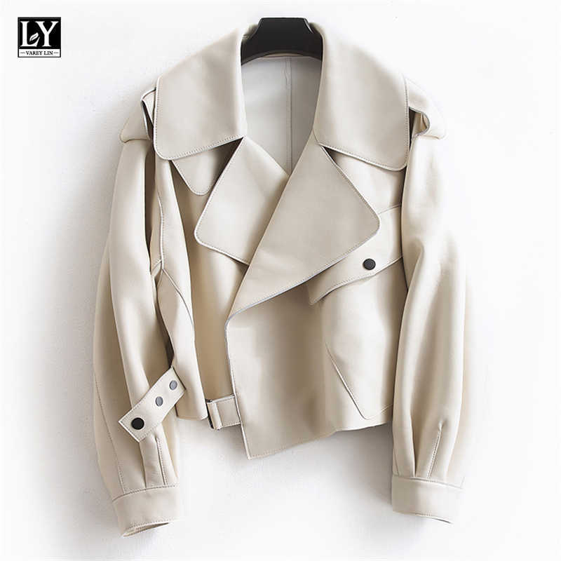 LY VAREY LIN Spring Women Biker Jacket Pu Leather Casual Outwear Black Short Loose Soft Faux Lady 210526