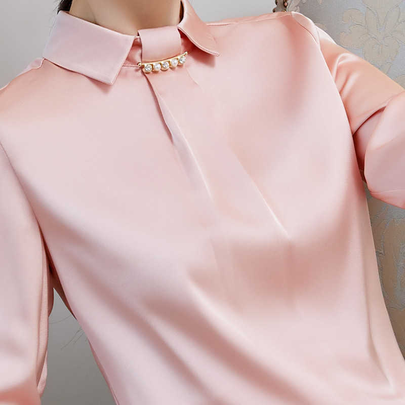 Pink Silk Shirt Women Autumn Temperament Fashion Chiffon Long Sleeve Blouses Office Ladies Formal Work Tops 210604