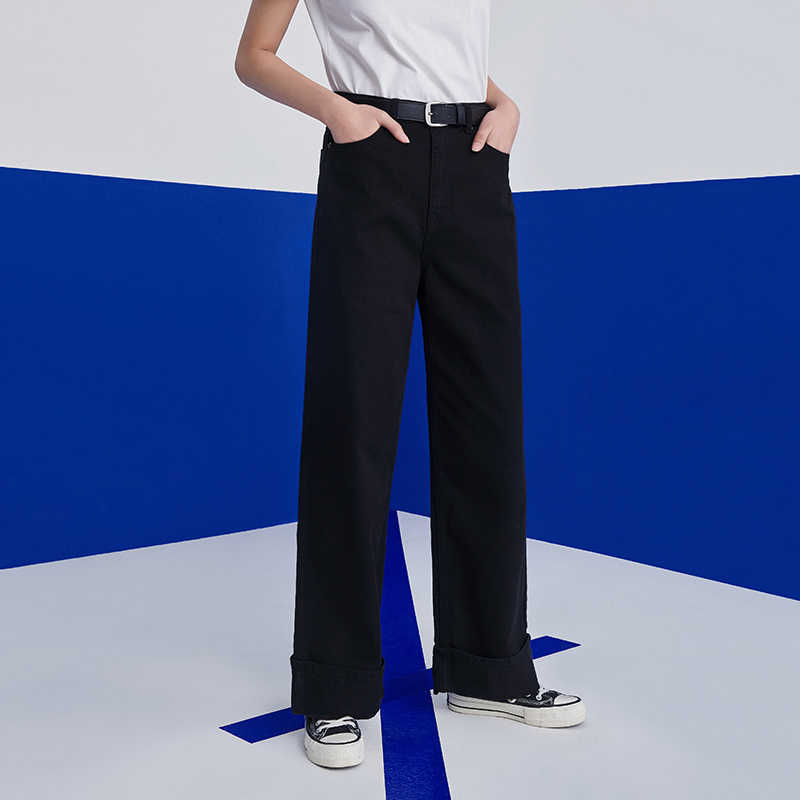 Toyouth Women Jeans Autumn High Waist Wide Leg Denim Trousers Solid Color Yellow Black Chic Pants 210922