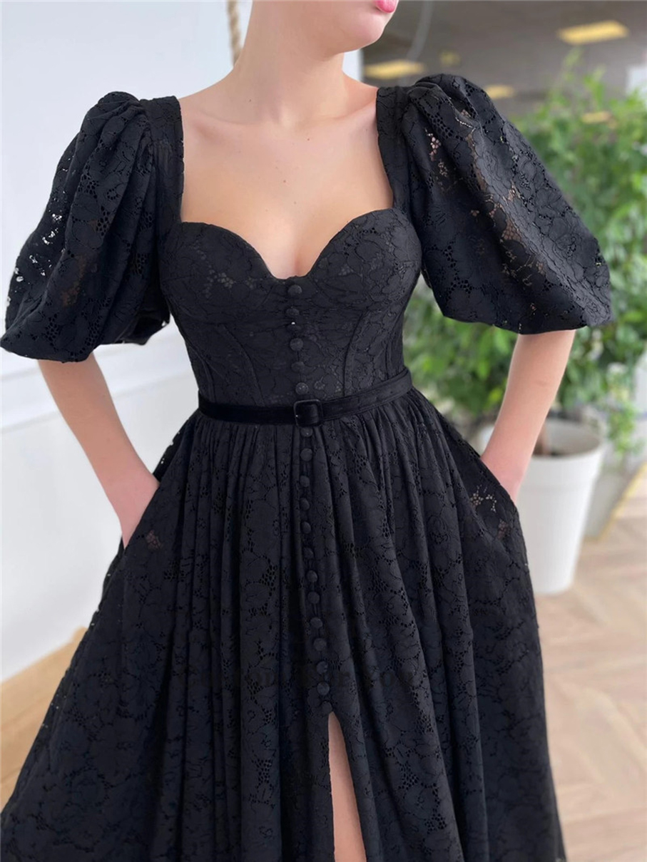 2021 Black Full Lace Evening Party Dresses With Half Puff Sleeves Heart Shape Neck Buttons Front Ankle Length Prom Gown