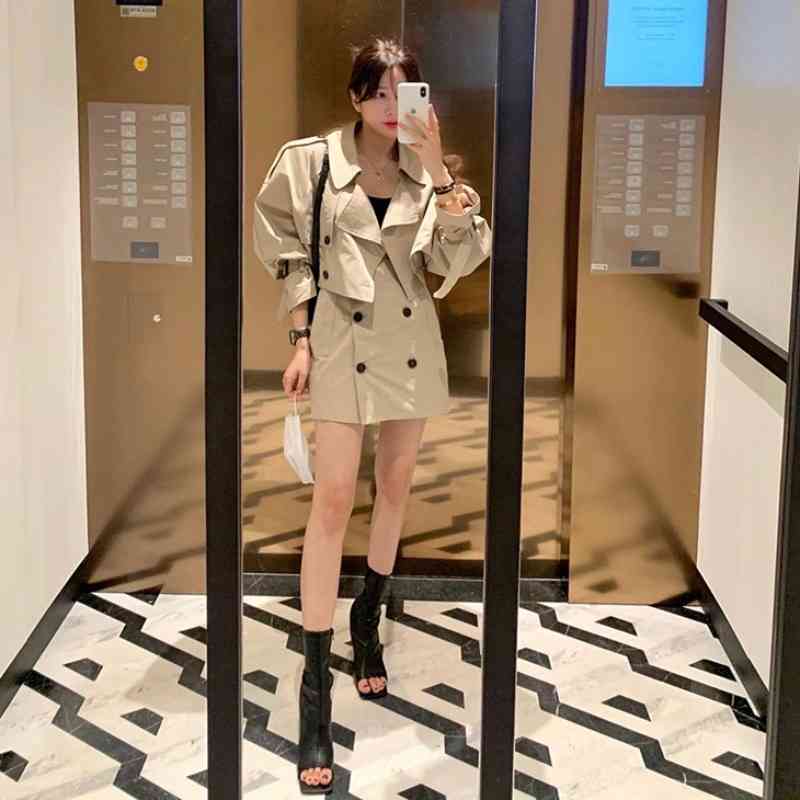 Office Lady Temperament Big Lapel Double Breasted Trench Jacket Short + Wrap Hip Mini Skirts Casual Vintage Sets Fashion Korean 210429
