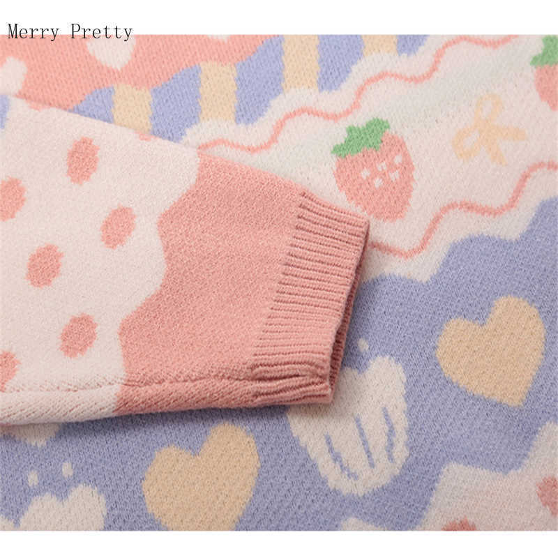 Pink Cartoon Strawberry Embroidery Sweaters Sweet Style Knitted Pullovers Women Winter Thick Warm Sweater Jumpers Girls Top 211018