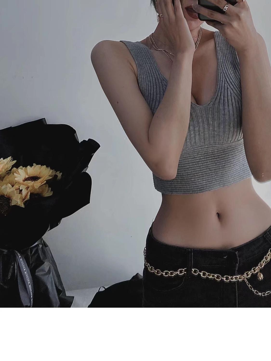 Sexy Knitted Chest Crescent V neck Camis Women Spaghetti Strap crop Top Camisetas Strappy Bra Tank Vest Tee 6 color 210429