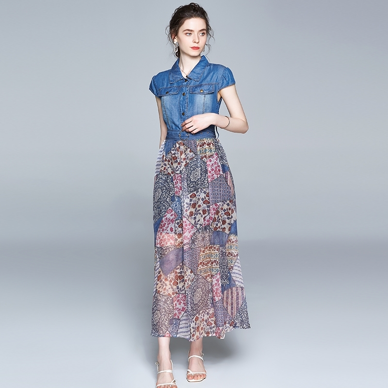 Fashion Women Summer Elegant Denim Dress High Quality Vintage Chiffon Print Runway Dresses Vestidos 210520